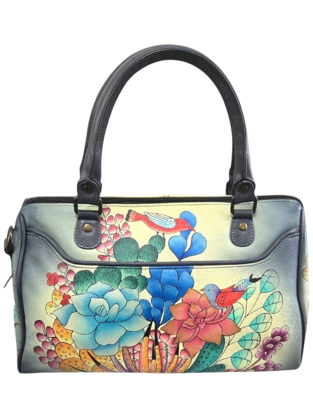 Anuschka Hand Painted Leather Satchel Bag Bird Cactus Desert Floral Multi-Color